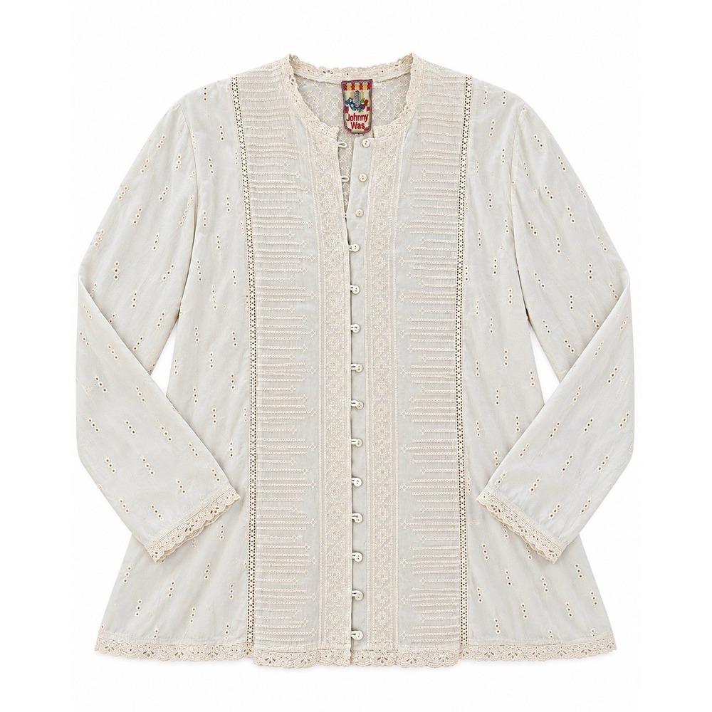 Johnny Was L Cream Embroidered Lace Eyelet Button Front Boho Blouse C394774